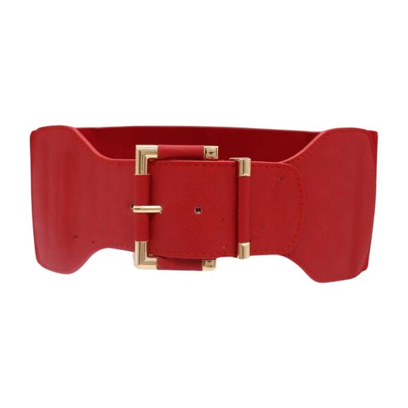 New Women Red Elastic Wide Fashion Belt Hip High Waist Gold Square Buckle S M - Picture 7 of 16